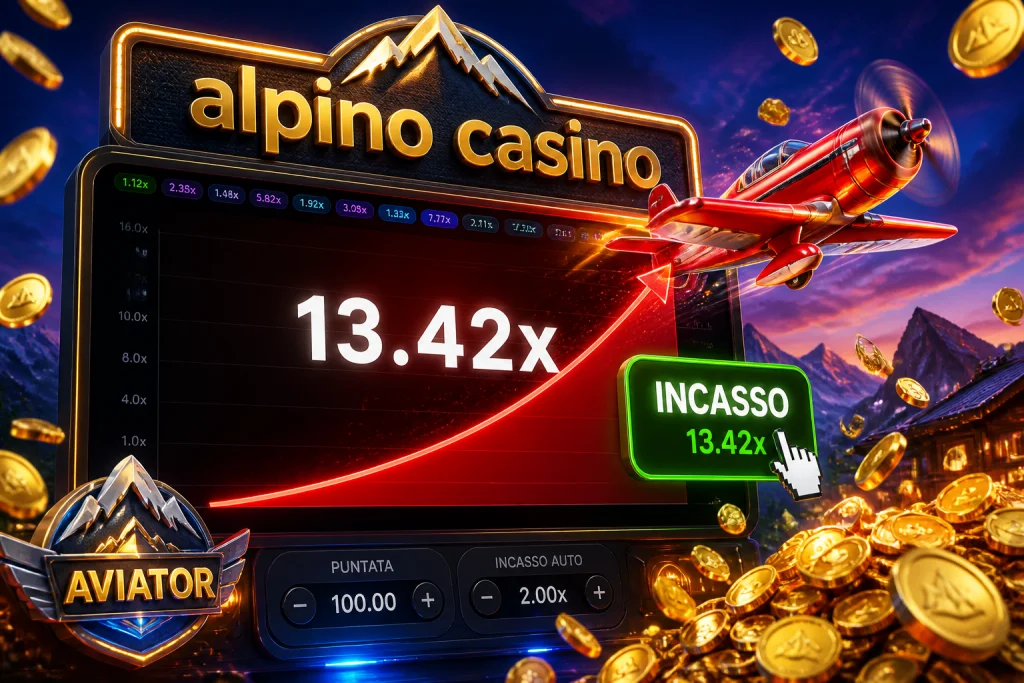 Aviator nell'app Alpino con la curva del moltiplicatore in salita e il tasto cashout acceso