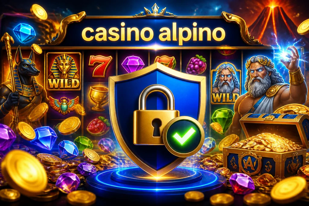 Schermata di accesso sicuro ad Alpino Casino con scudo, lucchetto e segno di verifica