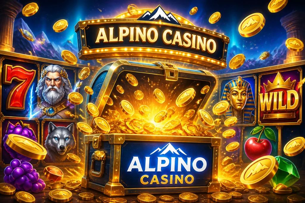 Forziere del bonus di benvenuto Alpino Casino che esplode di monete d'oro e gettoni di giri gratis